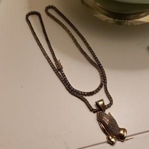 24k Gold Diamond Tennis Necklace w/ Prayer Charm